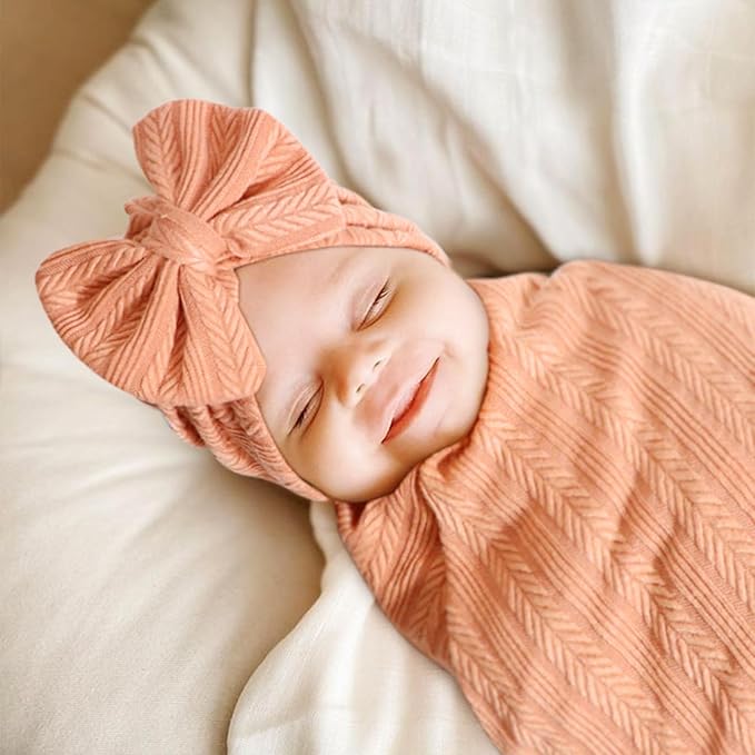 Newborn Receiving Blanket with Bow Hat Headband Wooden Card Set Wheat-Pattern Newborns Toddler Baby Boy Girl Nursery Swaddle Wrap