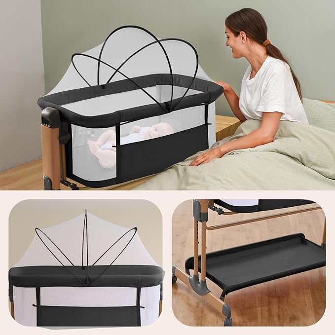 3 in 1 Baby Bassinet, Rocking Bassinets with Comfy Mattress and Wheels, Adjustable Height Bassinet Bedside Sleeper, Easy Folding Portable Crib for Newborn (Black)