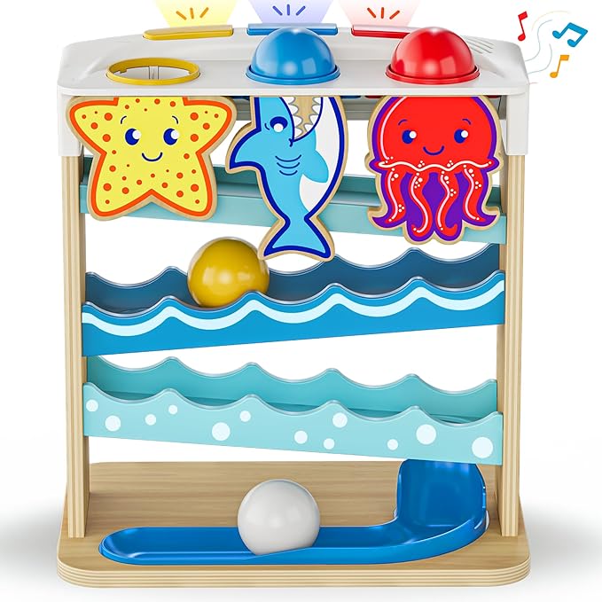 Move2Play, Wooden Ocean Friends, Interactive Toy for 1+ Year Olds, 6 to 12 Months, Baby Toy, 1 Year Old Birthday Gift for Girls, 9-12 Months, 6 7 8 9 10 12+ Months