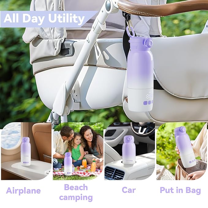 Portable Bottle Warmer for Travel: Large 12oz Capacity with Dual Heating Modes for Breast Milk & Water, Fast Heating Smart Temperature Control, Portable Milk Warmer Gifts for New Mom Purple
