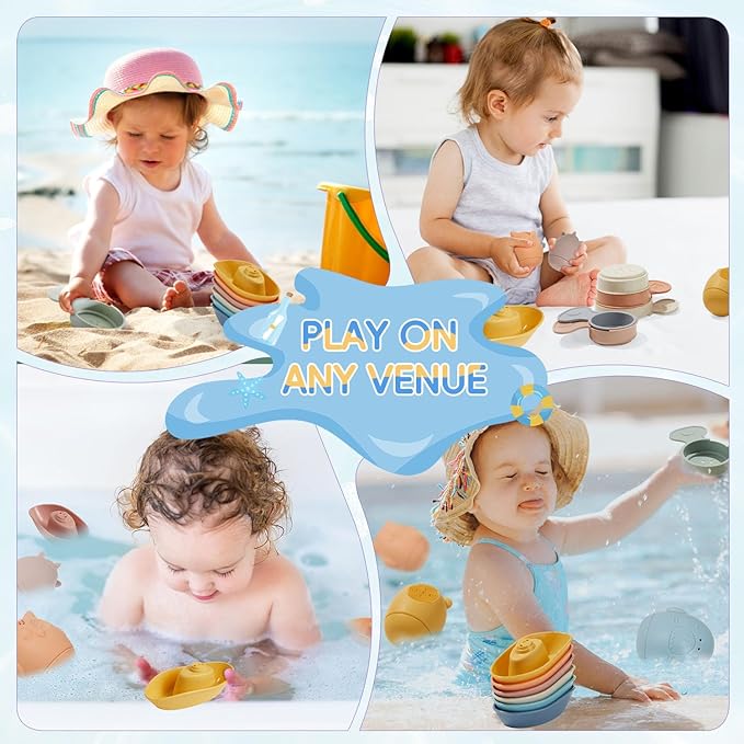 Baby Bath Toys for Kids Ages 1-3,16 Pack Toddlers Bath Toy for 2-4 Mold Free Stackable Boats & Spoons, Easy-Clean & Squeezable Silicone Bath Toys for Babies 6-12 Months Bathtub Water Pool Toys