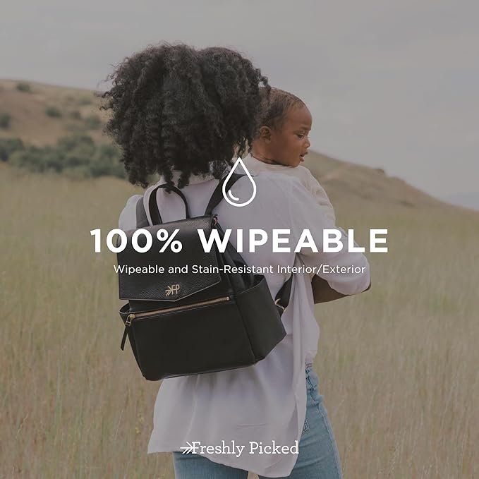 Freshly Picked Mini Classic Diaper Bag Backpack, Wipeable Vegan Leather Black, 8 Pockets Total (Ebony)