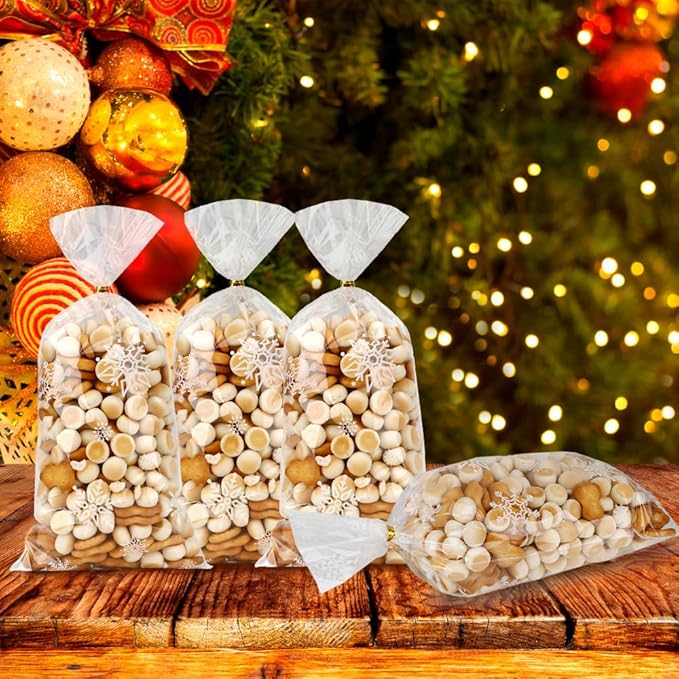 100 PCS Winter Cellophane Treat Bags(5.1x10.6 Inch) with Ties Plastic Snowflake Goodie Candy Cookie Loot Gifts Bags Bulk Pouches for Christmas Frozen Party Favors Supplies Decorations Holiday Birthday