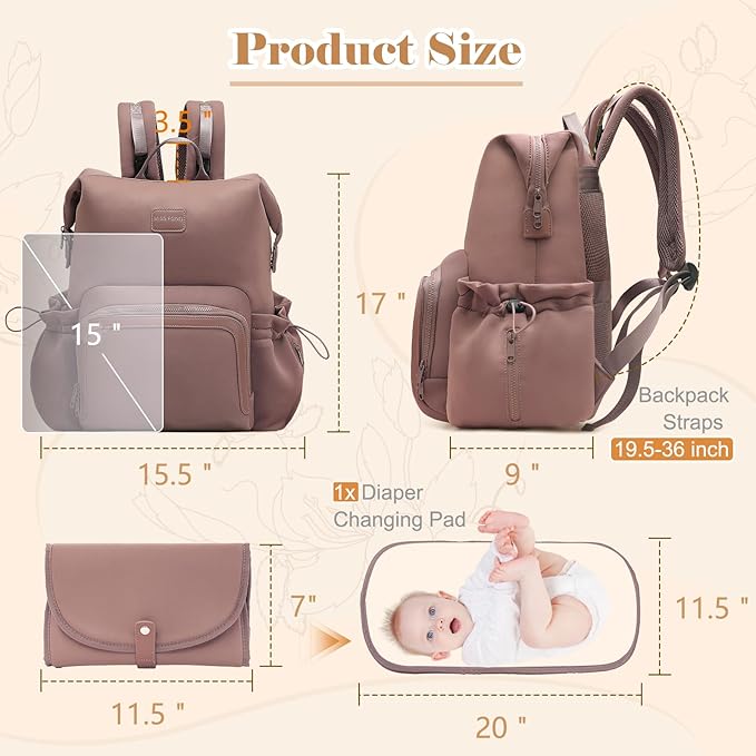 miss fong Diaper Bag Backpack - Baby Diaper Bag Neoprene Bag Large Capacity Neoprene Backpack with Diaper Changing Pad with 12 Pockets for Mom & Dad -Mauve