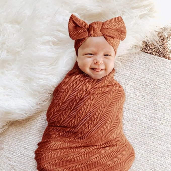 Newborn Receiving Blanket with Bow Hat Headband Wooden Card Set Wheat-Pattern Newborns Toddler Baby Boy Girl Nursery Swaddle Wrap