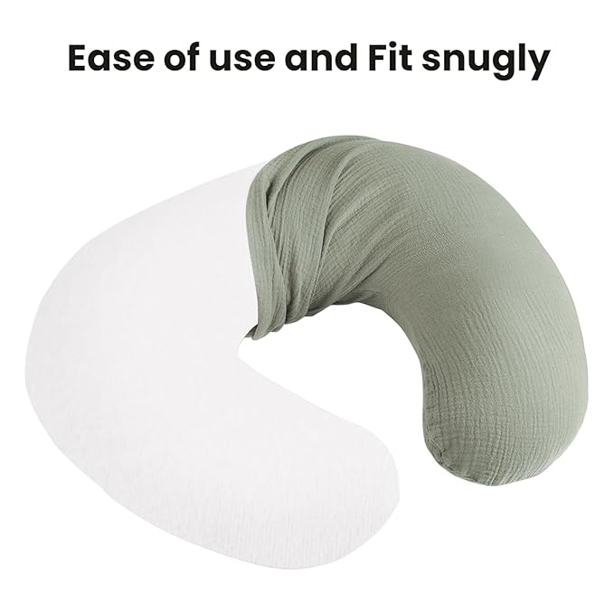 Konssy Muslin Nursing Pillow Covers, Soft and Cute Nursing Covers for Breastfeeding Pillows, Ideal for Newborn Baby Boys and Girls (Fog Green, Cream) - 2 Pack