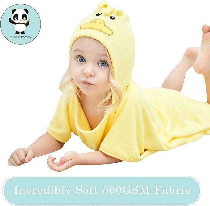 HIPHOP PANDA Hooded Towel - Rayon Made from Bamboo, Bath Towel with Bear Ears for Newborn, Babie, Toddler, Infant - Absorbent Large Baby Towel - Yellow Duck, 21.5 x 22.5 Inch