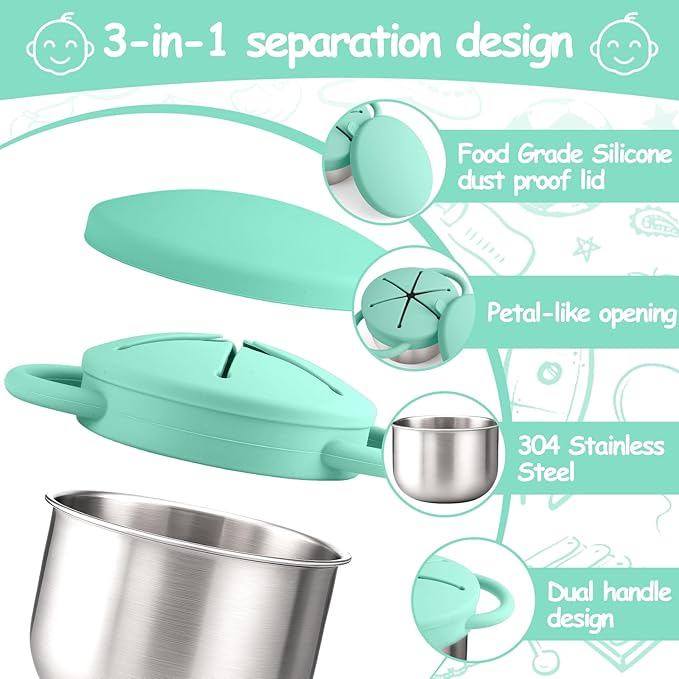 Mity rain 1 Pack Stainless Steel Snack Containers for Toddlers with Spill-Proof Silicone Lids & Handles - 3-in-1 Baby Snack Cups, No-Spill Toddler Snack Box, Perfect for On-the-Go Healthy Eating