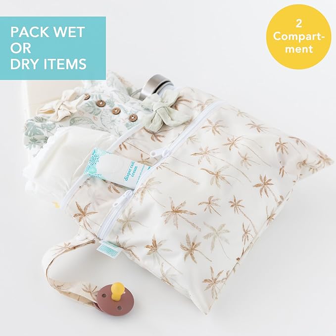 Bumkins Waterproof Wet Dry Clutch Bag for Baby, Travel, Swim Suit, Cloth Diapers, Pump Parts, Pool, Gym Clothes, Toiletry, Strap to Stroller, Daycare, Zip Reusable Bag, Packing Pouch, Palm Trees