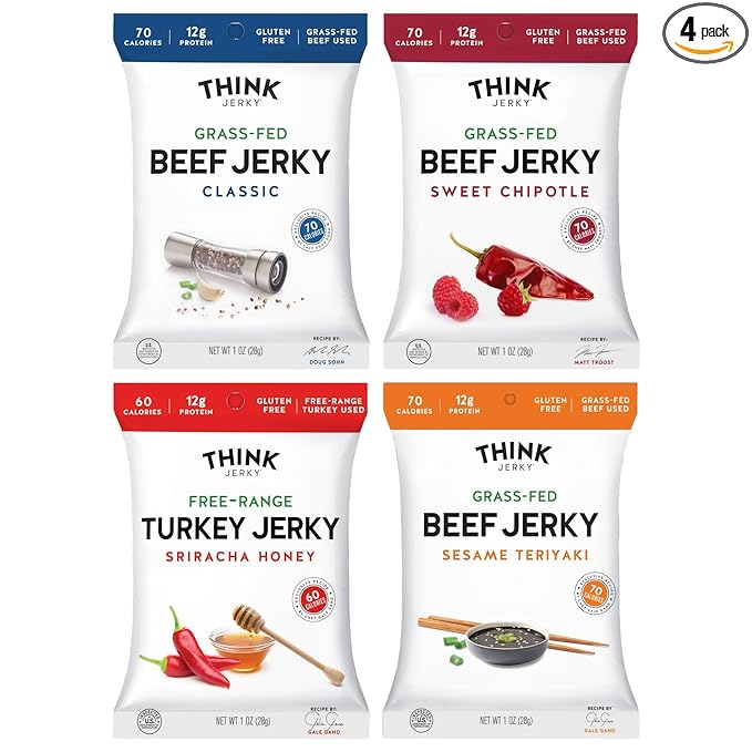 Think Jerky Beef and Turkey Jerky Variety, Original, Sweet Chipotle, Sriracha Honey, Sesame Teriyaki, Healthy Meat Snack, Low Calorie Low Fat - 2.2 oz Bags, 4 Pack, 1 of Each