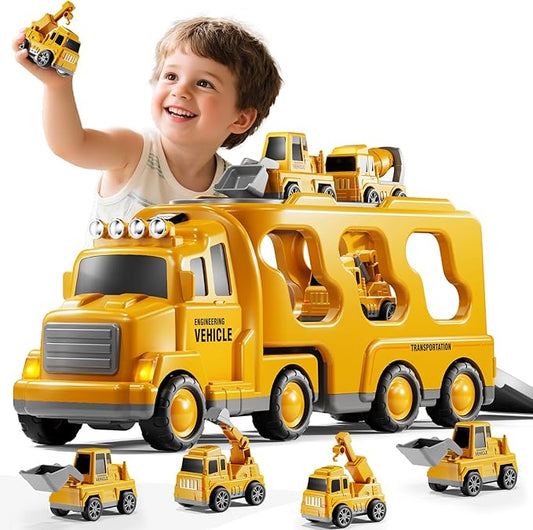 Construction Truck Toys Set for Kids Aged 1 2 3 4 5 6 7 8, Truck Playset with Toy Cars, Light and Sound, Movable Parts Construction Toys for Toddlers, Birthday Gifts for Boys Girls 2-4 4-7