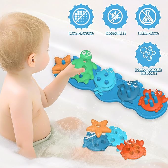 Suction Baby Bath Toys, Mold Free Silcone Shape Sorting & Stacking Bathub Toy, Sensory Toys & Best Gift for Toddlers 3 4 5 Early Learning Bathtub Fun (Ocean Animal)