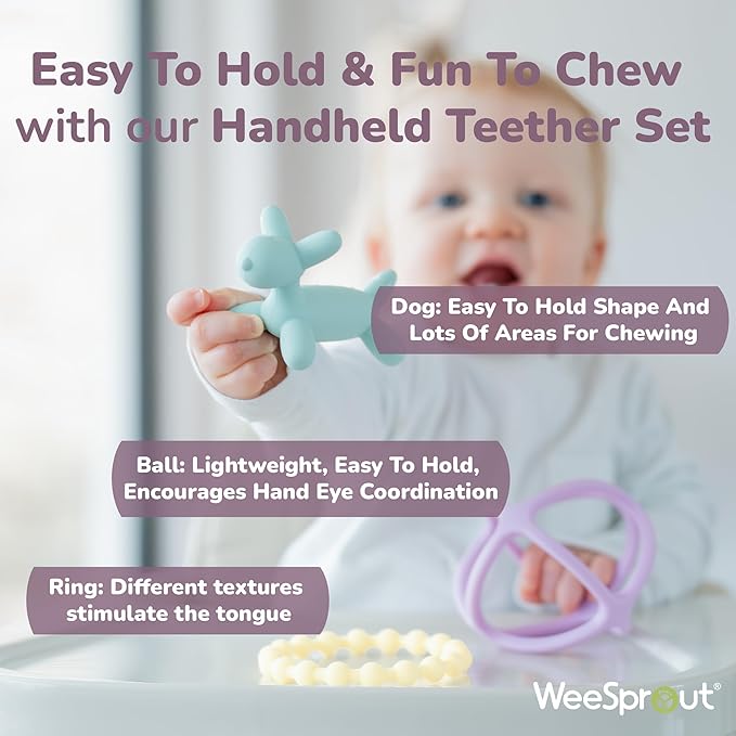WeeSprout Silicone Baby Teether Toys for Infant Babies and Toddlers, Cute Ring, Puppy Dog, and Ball, Soft and Flexible, BPA Free, Boys and Girls (Bright Green, Purple & Blue)