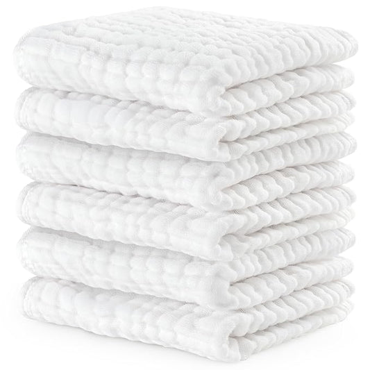 Comfy Cubs Muslin Baby Washcloths 6 Pack - Soft 6-Layer Cotton Wash Cloths for Sensitive Skin - 10"x10" Large, Gentle, Absorbent Infant Essentials for Newborn and Toddlers - White