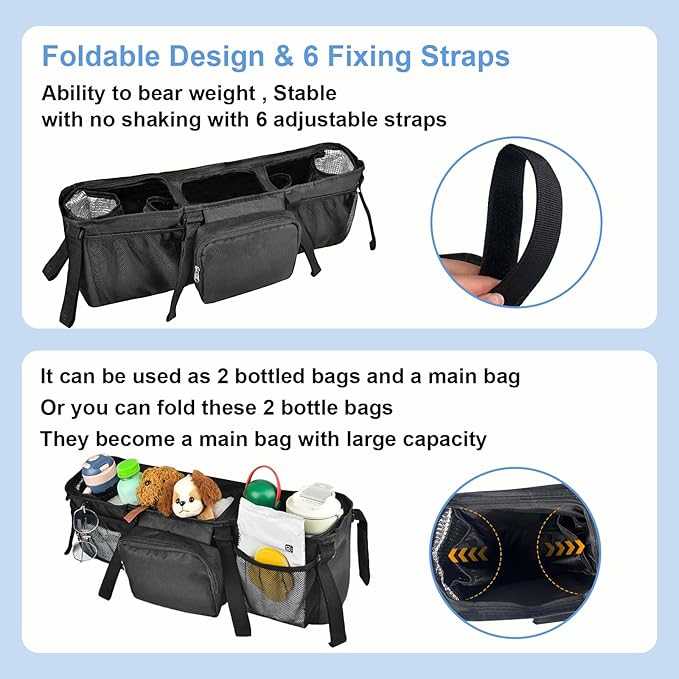 Succulentlovers Double Stroller Organizer - Caddy Compatible With Bob and Jogging Strollers, Side by Side Accessories With Cooler Pockets