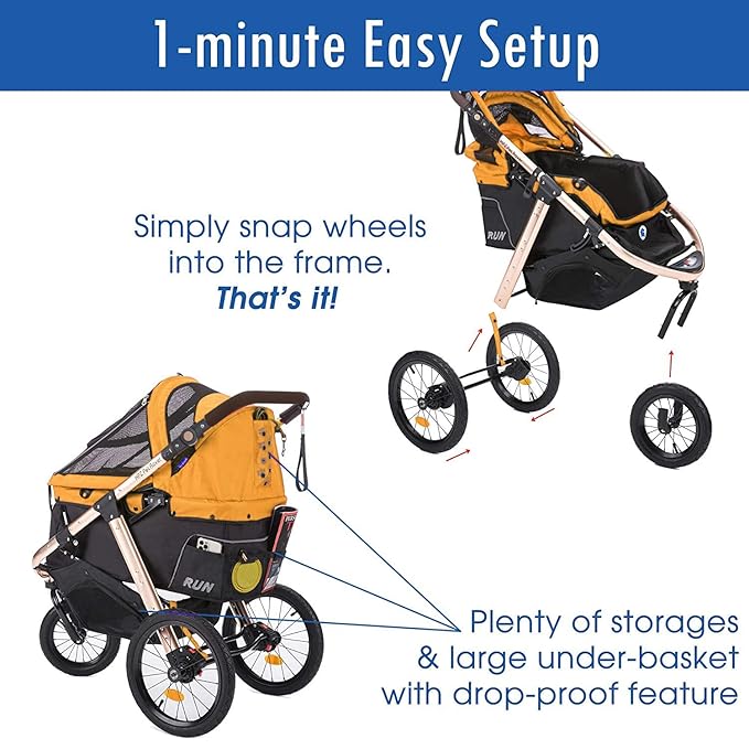 Run Performance Jogging Sports Stroller with Comfort Rubber Wheels/Zipper-Less Entry/1-Hand Quick Fold/Aluminum Frame for Small/Medium Dogs, Cats and Pets (Speed Yellow)