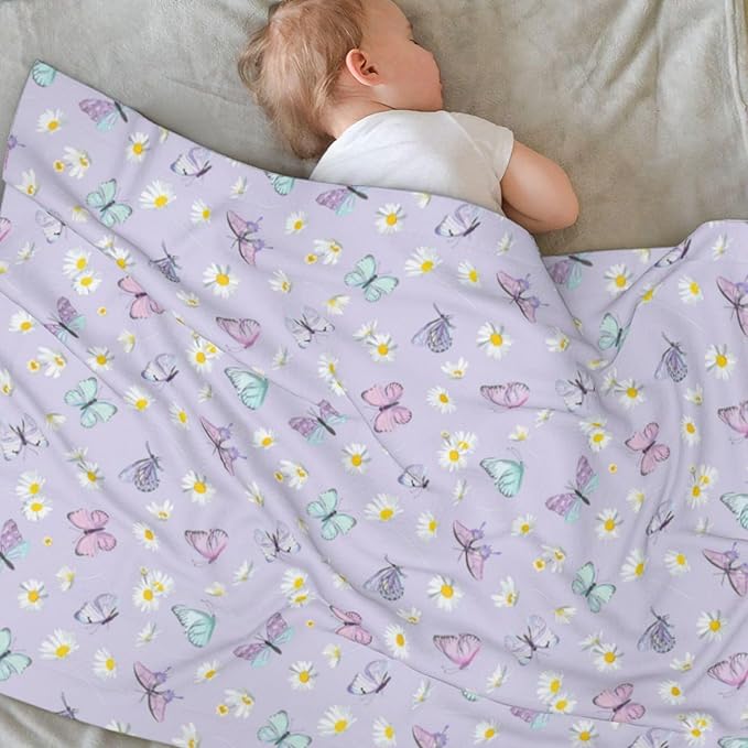 Baby Blanket Butterfly Daisy Flower Purple for Boy Girl Newborn 30x40 Inch Toddler Infant Nursery Throw Blankets Double Layer Comfy Soft Plush Stroller Crib Quilt