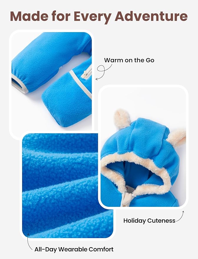 PATPAT Fleece Hooded Footed Romper Clothes, Soft Warm Footie Covers, Car Seat Friendly, Easy Zip, Cute Boy Girl