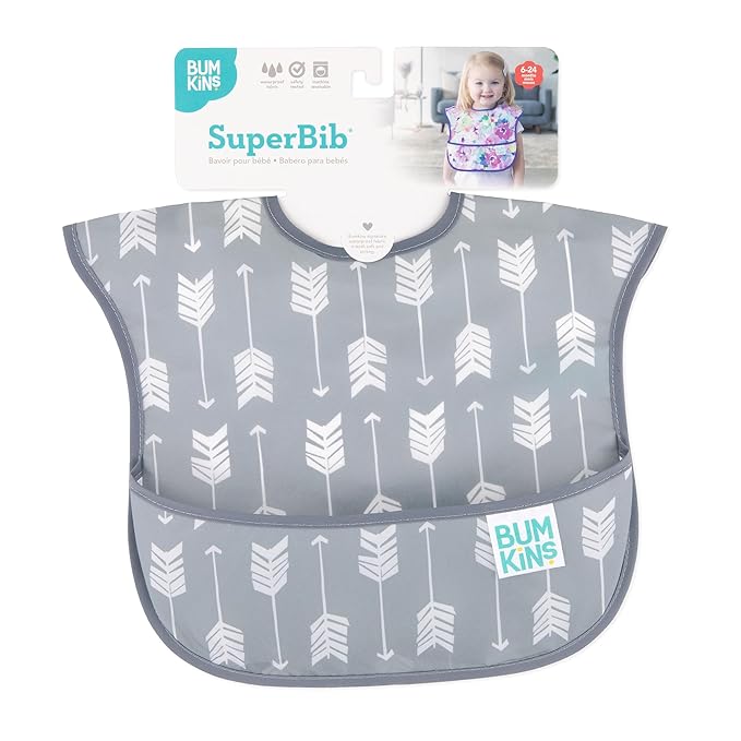 Bumkins Bibs for Girl or Boy, SuperBib Baby and Toddler for 6-24 Mos, Essential Must Have for Eating, Feeding, Baby Led Weaning Supplies, Mess Saving Catch Food, Waterproof Soft Fabric, Gray Arrows