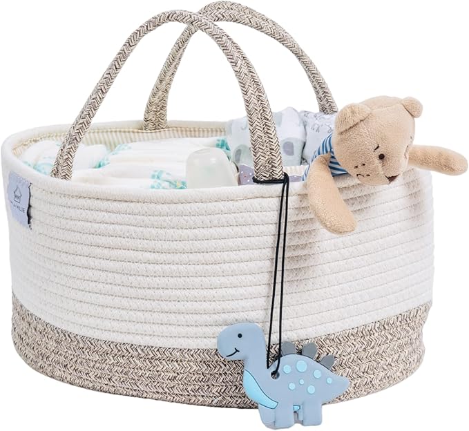 Baby Extra Large Cotton Rope Diaper Caddy, Organizer Storage Bin for Nursery Essentials, 100% Natural Cotton Eco friendly, Organizer with Removable Divider (White & Brown)