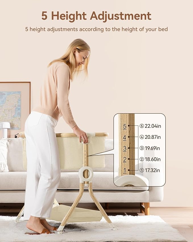 Larex Baby Bassinet, Baby Bassinet Bedside Sleeper with Storage Basket and Wheels, Height Adjustable Portable Crib for Newborn Infant, Easy Assemble and Folding(Khaki)