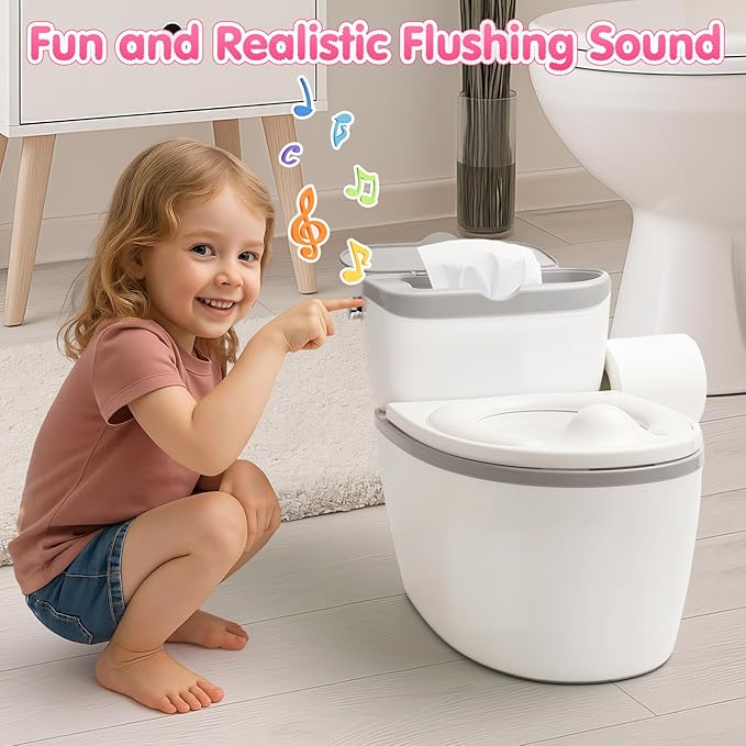 3-in-1 Toddler Potty Training Toilet, for Ages 6 Months+, Realistic Potty Training Seat with Flushing Sound, Wipes Storage, Toilet Paper Holder