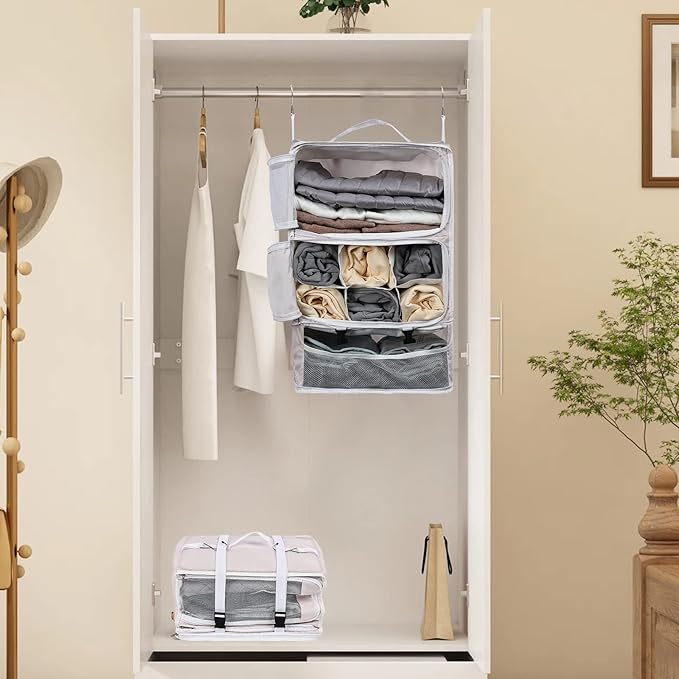 TABITORA Travel Portable Hanging Shelves Closet Organizer Packing Luggage Storage with Multifunctional and Foldable Invisible Compartment,Lightweight, for Suitcase, RV,Closet…Pink,XL