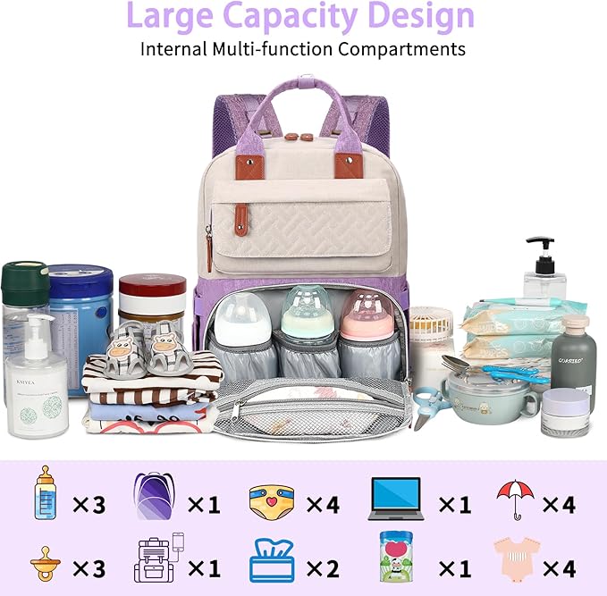 Diaper Bag Backpack, Large Unisex Baby Bags for Boys Girls, Purple Baby Nappy Diaper Bag, Multipurpose Travel Back Pack for Moms Dads with Insulated Pockets and Stroller Straps