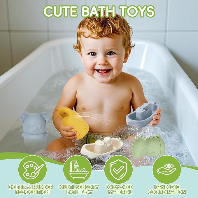 Baby Bath Toys 9PCS Mold Free Bath Toys for Kids Ages 1-3 Bathtub Water Toys with Easy Clean Silicone Bath Toy for Babies 6-12 Months and Safe Bath Boats, Baby and Toddler Christmas Stocking Stuffers