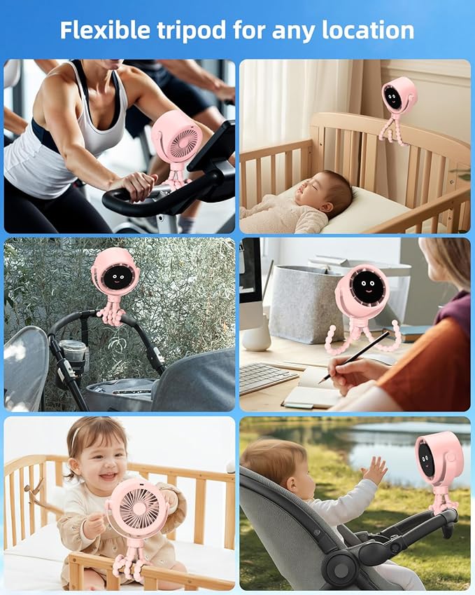 Stroller Fan Portable, Personal Fan for Travel, Air Turbo Tech & Digital display, Detachable 5 Speeds Rechargeable 360° Rotate Flexible Tripod, For Home Office Stroller (Pink)