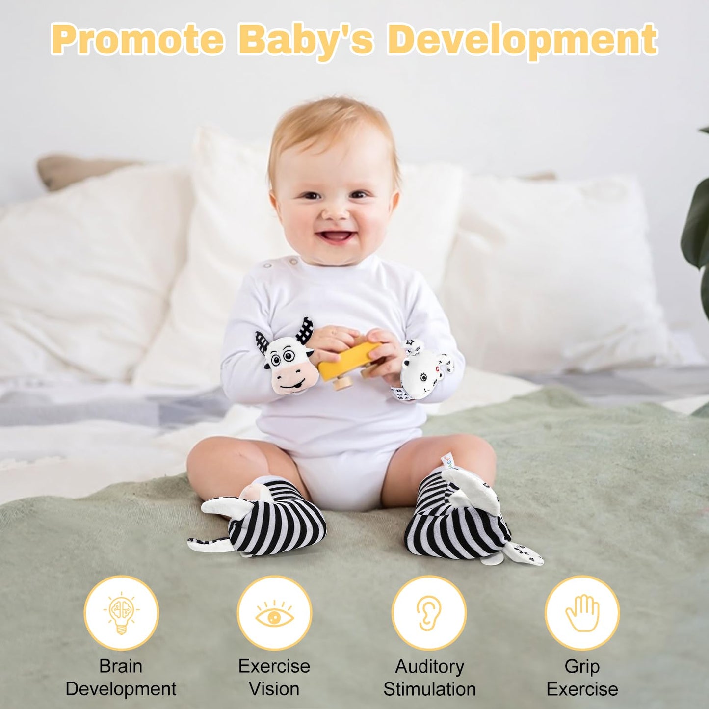 iAOVUEBY Baby Gift Set, Baby Shower Gifts, Black and White High Contrast Baby Toys 0-6 Months for Newborn Essentials Infant Rattle Socks Elephant Toys Blanket Onesies Baby Gift Basket for Girls Boys