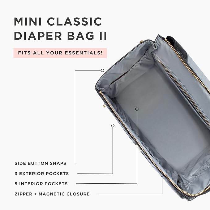 Freshly Picked Mini Classic Diaper Bag Backpack, Wipeable Vegan Leather Black, 8 Pockets Total (Ebony)