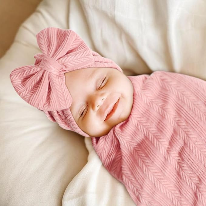 Newborn Receiving Blanket with Bow Hat Mittens Wooden Card Set Wheat-Pattern Newborns Toddler Baby Boy Girl Nursery Swaddle Wrap