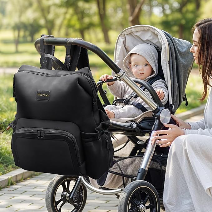 miss fong Diaper Bag Backpack - Baby Diaper Bag Neoprene Bag Large Capacity Neoprene Backpack with Diaper Changing Pad Travel Diaper Backpack Baby Backpack with 12 Pockets for Mom & Dad -Black