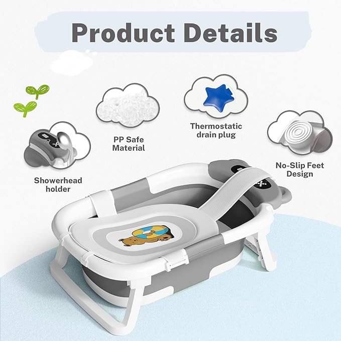 AVIDOR Baby Bathtub,Collapsible Bathtub for Newborn to Toddler,Durable Essential Infant Bath Tub,Portable Travel Baby Tub with Soft Cushion,No-Slip Hanging and Detachable(Grey)