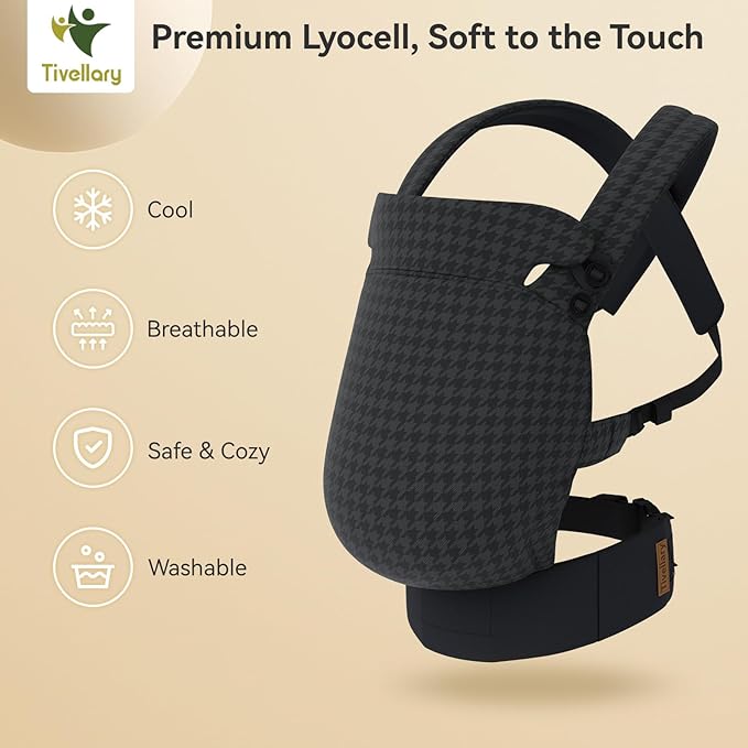 Reversible Baby Carrier – Black Solid & Houndstooth; Lightweight, Cooling & Breathable Lyocell Fabric; Ergonomic Lumbar Support and Quick Hands-Free Wear for Newborn to Toddler (7–44 lbs)