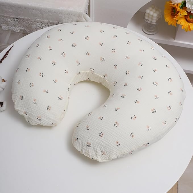 Onacosht Muslin Nursing Pillow Cover 2 Pack 100% Cotton Ultra Soft Breastfeeding Pillow Covers for Baby Boy and Girl, Floral and Light Pink