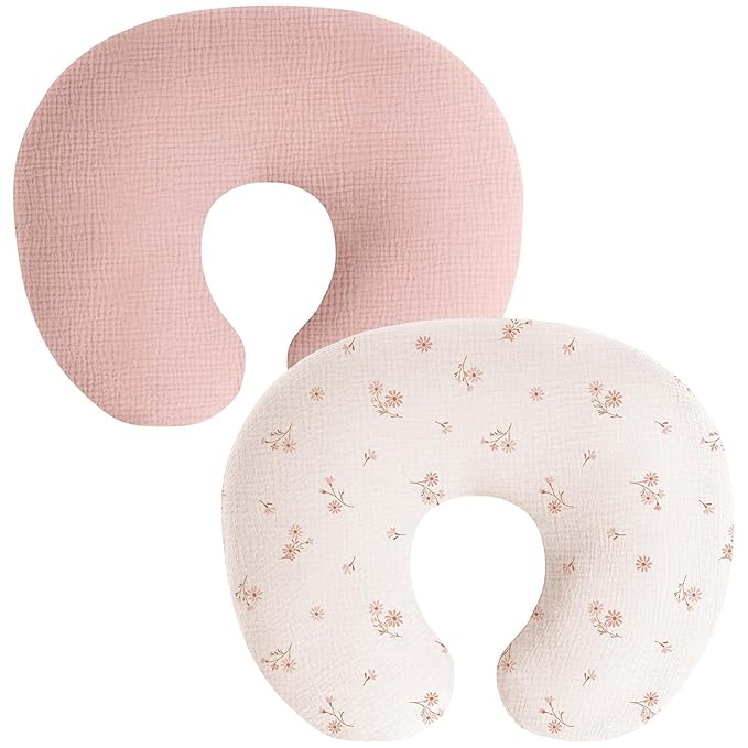 Muslin Nursing Pillow Covers, 2 Pack, Soft & Adorable Slipcovers with Zipper Closure, 100% Cotton Covers for Breastfeeding Pillows (Pink, Flower)