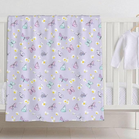 Baby Blanket Butterfly Daisy Flower Purple for Boy Girl Newborn 30x40 Inch Toddler Infant Nursery Throw Blankets Double Layer Comfy Soft Plush Stroller Crib Quilt