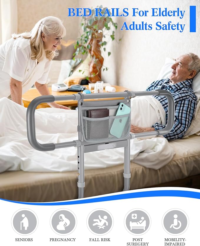 Bed Rails for Elderly Adults Safety, Extended Beds Assist Rail for Seniors with Motion Sensor Light - Adjustable Side Bed Guard Rails Handle Support Bar with Storage Bag, Fit King Queen Full Twin Bed