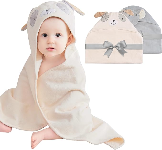 Mooreeke 2 Pack Baby Towels - 100% Cotton Baby Hooded Towels - Soft Baby Bath Towels with Hood for Newborn - Comfort Towels for Baby Girls and Boys - Animal Shaped Design (Puppy & Elephant)