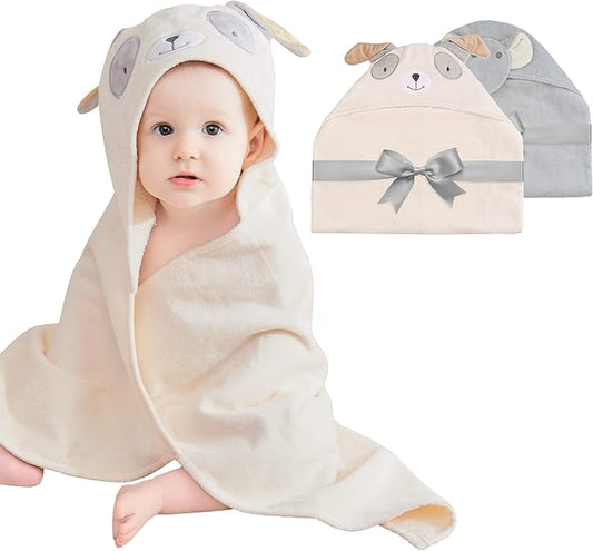 Mooreeke 2 Pack Baby Towels - 100% Cotton Baby Hooded Towels - Soft Baby Bath Towels with Hood for Newborn - Comfort Towels for Baby Girls and Boys - Animal Shaped Design (Puppy & Elephant)