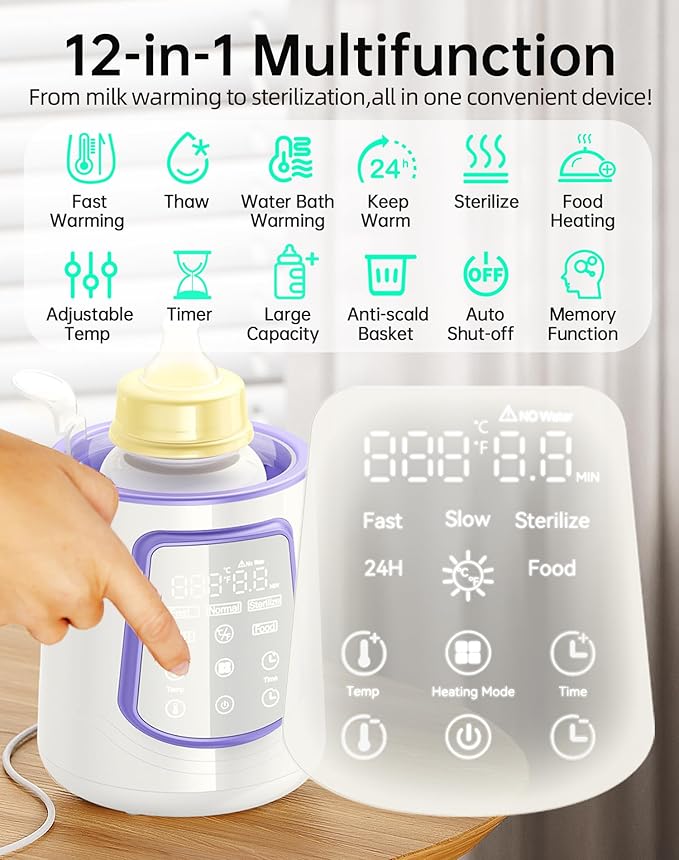 Fast Baby Bottle Warmer for Breastmilk, Smart 12 in 1 Breast Milk Warmer for Baby Essentials with Timer Temperature Control, Sterili-zing, Water Bath Technology, Baby Warmer for All Bottles Food Jars