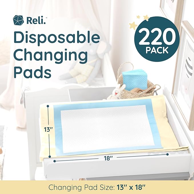 Reli. Disposable Changing Pads for Baby (220 Pack) | Disposable Diaper Changing Pads, 13" x 18" | Super Absorbent, Leak-Proof Liners | Waterproof, Quick Dry Underpads (Blue/White)