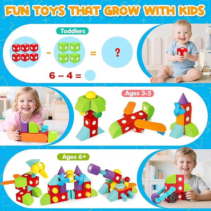 50 PCS Magnetic Foam Blocks for Kids, Large Magnetic Building Blocks for Toddlers 3+, Kids Bath Toys and Preschool STEM Educational Toys, Birthday for Boys & Girls 3 4 5 6+ Years Old