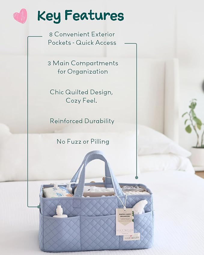 Lily Miles Baby Diaper Caddy Organizer, Quilted Nursery Storage Organizer for Newborn Essentials and Diaper Changing Station, Gift for Baby Shower and Registry Must-Have (Baby Breeze)
