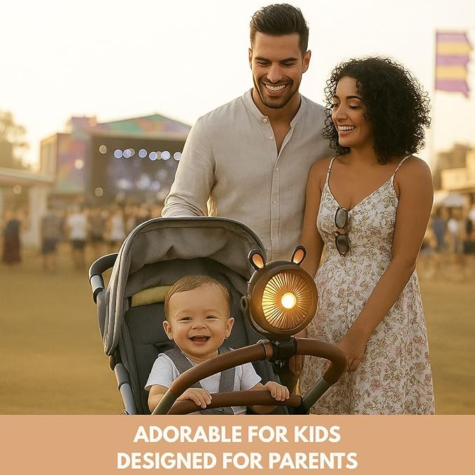 Stroller Fan for Baby with LED Light – Portable Clip-On Fan with Flexible Tripod Legs, USB Rechargeable, 3 Speeds, 120 Minutes Battery Life, Quiet Cooling for Travel, Nursery & Car Seat