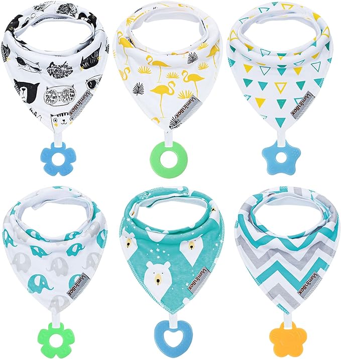 Baby Bandana Drool Bibs 6-Pack and Teething Toys 6-Pack Made with 100% Organic Cotton, Absorbent and Soft Unisex