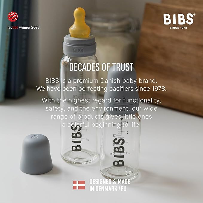 BIBS Baby Glass Bottle Complete Set 225 ml | BPA Free Natural Rubber | Made in Denmark | Sage