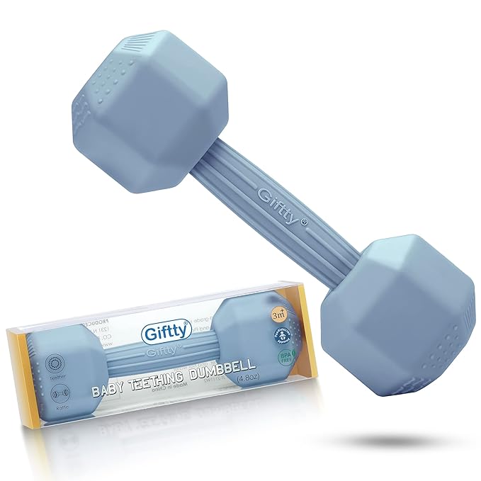 Giftty Baby Dumbbell Infant Rattle Silicone Teething Toy Teether Infants Toddler Sensory Toy Exercises Weight - Made of 100% Food-Grade Silicone, Safe for Baby Boys and Girls (1pcs 4.8oz - Blue)